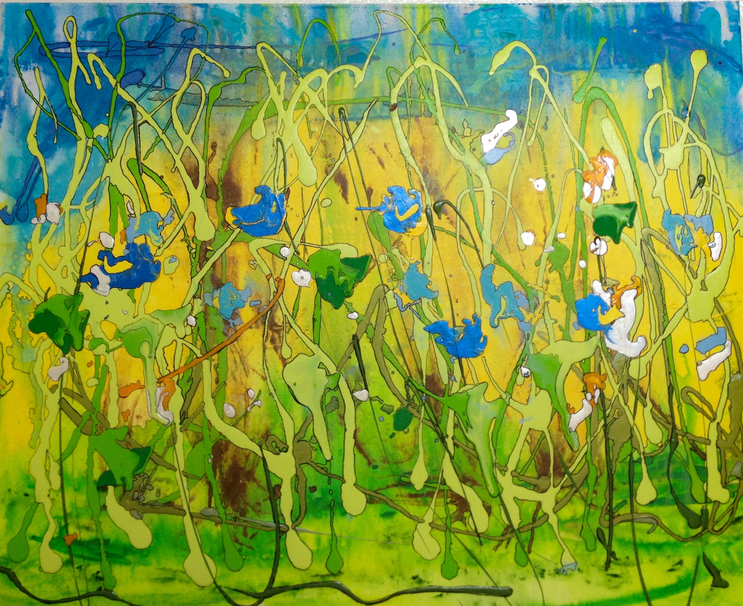 Detail of the painting The Bloom by J.V. Foerster, a green and gold field with blue blossoms